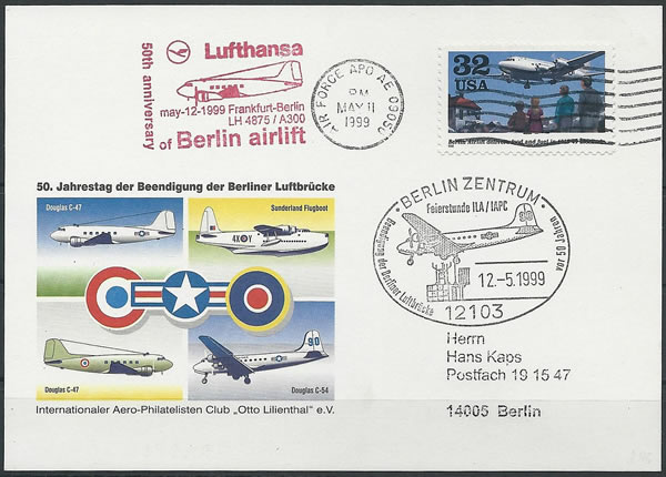 Pli des USA avec arrivée à Berlin pour le 50ème anniversaire de la fin du blocus