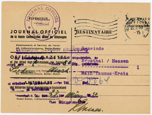 carte d'abonnement au Journal Officiel de la Haute Commission Alliée en Allemagne