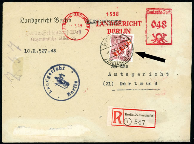 Affranchissement mixte EMA et timbre surcharge rouge