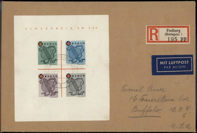 Bloc Croix-rouge de Bade sur lettre recommandée pour les USA