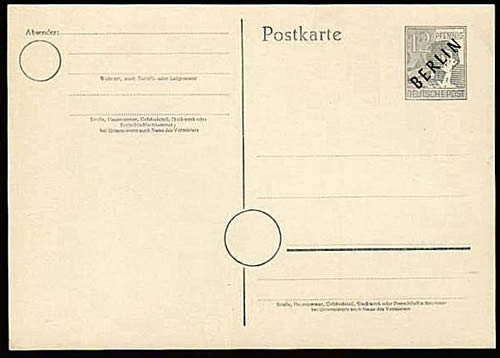 Entier carte postale à 12Rpf avec surcharge noire BERLIN