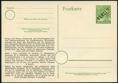 Entier surchargé Berlin en mark de l'Est avec propagande