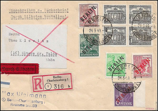 Lettre recommandée de Berlin dernière semaine de mars avec affranchissement mixte