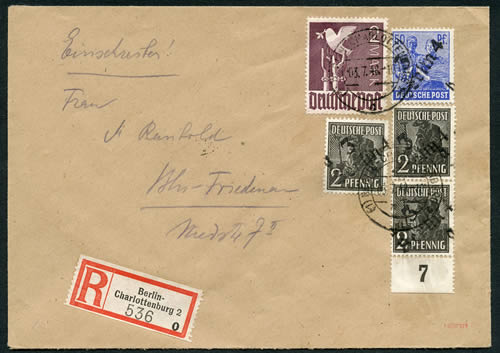 Affranchissement mixte à Berlin-Ouest SBZ et valeurs en RM au dixième