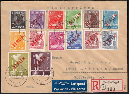 Série surcharge rouge Berlin sur lettre recommandée