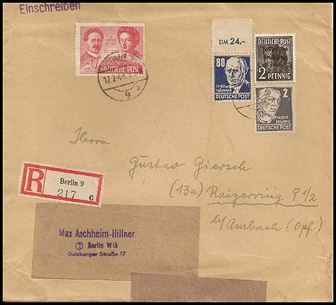 Lettre de Berlin Ouest pour la zone occidentale mais passée par la zone soviétique pour bénéficier du taux de change