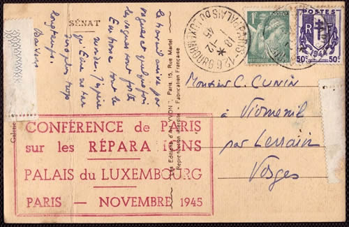 Griffe encadrée Conférence des réparations sur carte postale