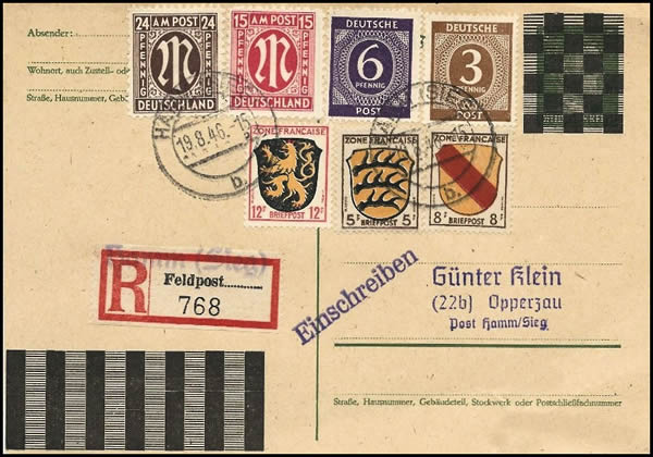 CP recommandée locale avec affranchissement des trois émissions sur ancien entier Hitler caviardé