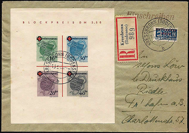 Boc Croix-Rouge du Wütemberg sur lettre recommandée