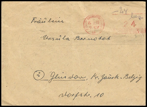 Courrier de Berlin-Ouest pour la SBZ affranchi  par EMA 15/2/49