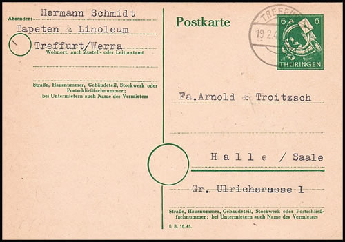 Entier carte postale de Thüringe 1946