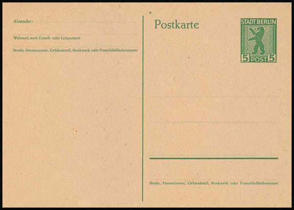 Entier carte postale 5Pf Ours de berlin sans cercles pour le code postal