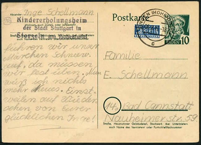 Entier de Bade avec le timbre surtaxe au profit de Berlin