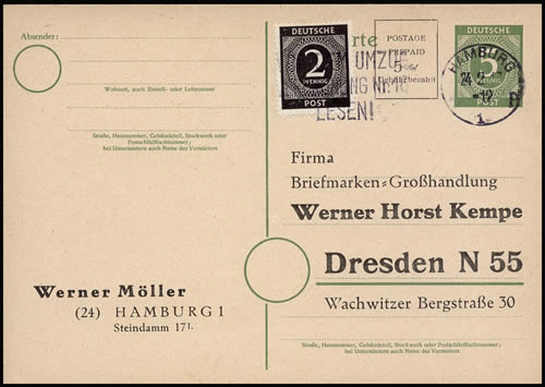 Carte postale à 5Pf avec surcharge typo 5Pf + timbre 2Pf