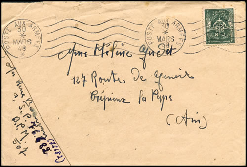 Timbre FM vert sur lettre avec oblitération mécanique continue