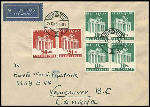 Timbres Helft Berlin sur lettre par avion