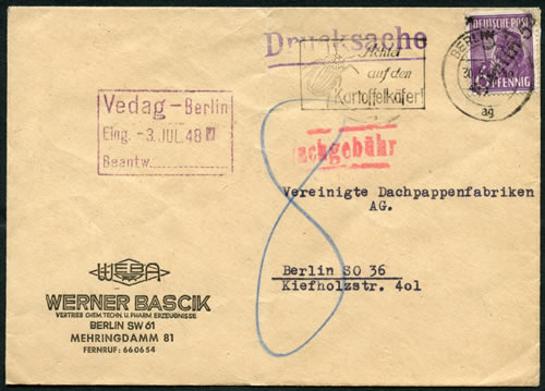 Imprimé posté à Berlin-Est et taxé à l'arrivée à Berlin-Ouest 30/6/48