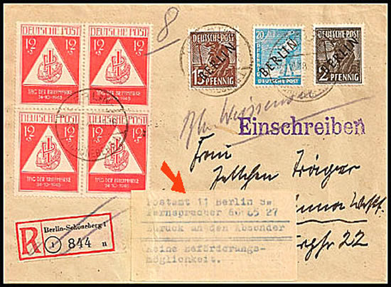 Lettre affranchie partiellement en timbres de l'Est et refoulée