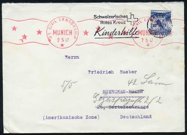Lettre de Suisse avec censure US rouge continue de Munich