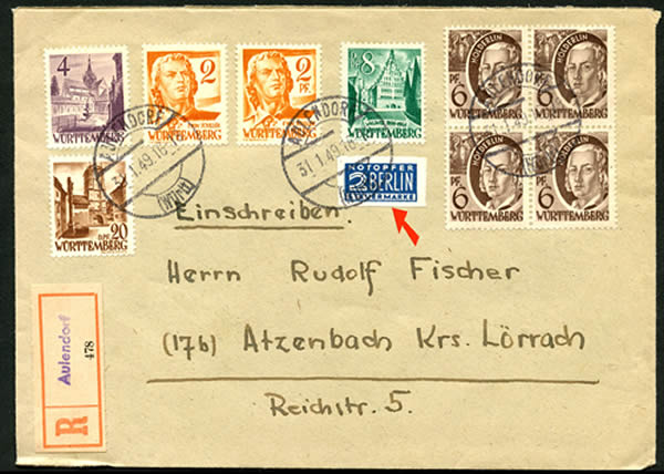 Lettre du Wurttemberg de janvier 1949 avec Notopfer