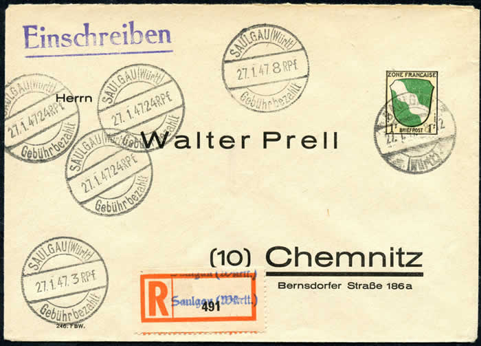 Lettre recommandée affranchie avec cachets gebur bezahlt