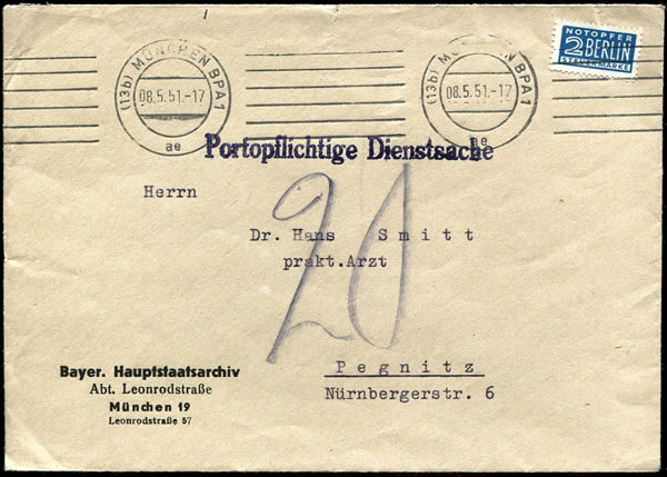 Lettre en port dü avec  vignette notopfer au départ