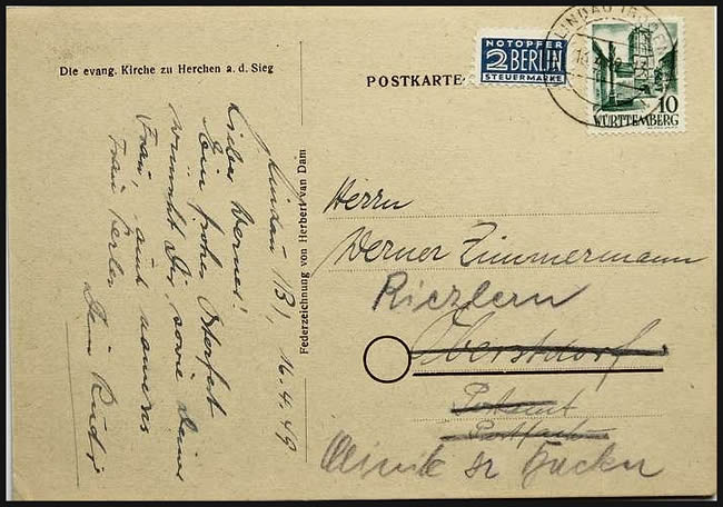 Carte Postale du Wurtemberg avec vignette bleue au profit de Berlin-Ouest.