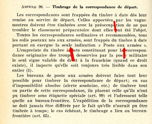 article 98 interdiction des cachets à numéro de la  poste aux armées 1953