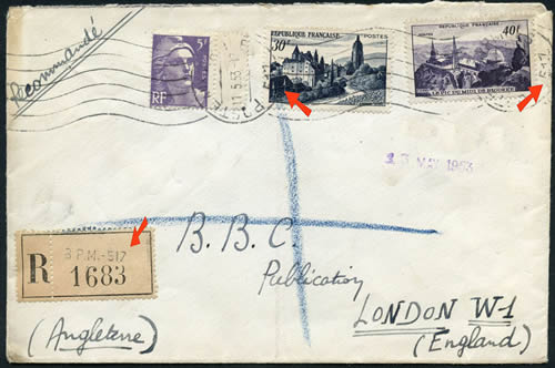 Lettre recommandée oblitérée roulette 517 poste aux armées