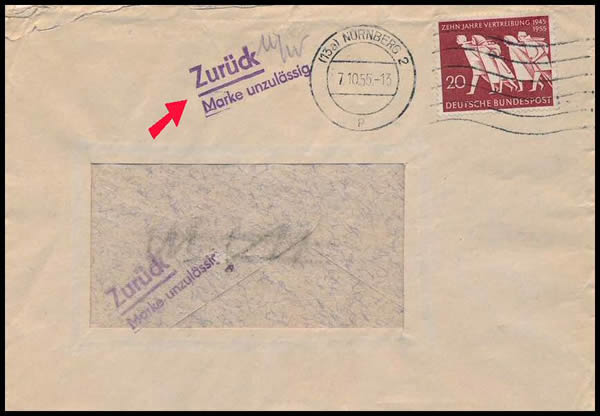 Timbre de 1955 sur les personnes déplacées retourné à l'envoyeur