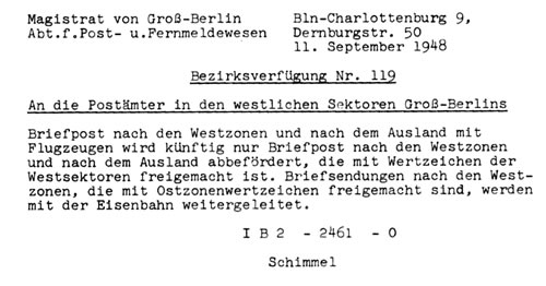 Texte indiquant le refus des timbres de l'Est sur le courrier du pont aérien
