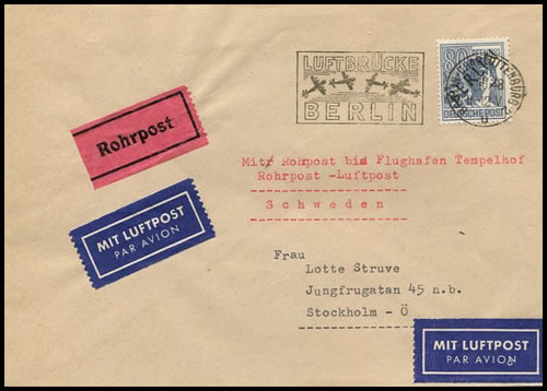 Lettre pour la Suède envoyée à l'aréroport par pneumatique