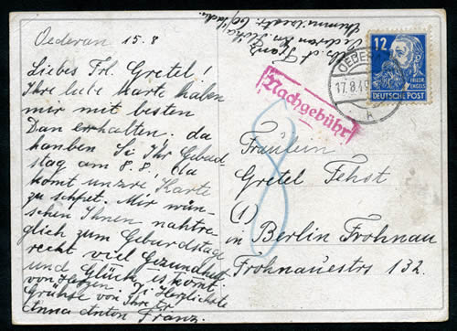 CP de saxe pour Berlin-Ouest taxée à l'arrivée 17/8/49