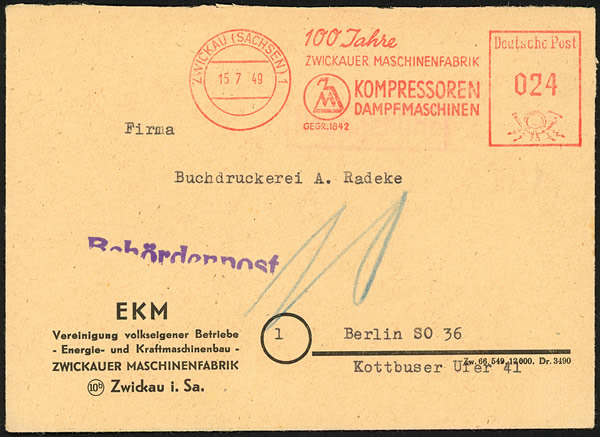 Lettre affranchie par EMA de la SBZ vers Berlin-Ouest  15-7-49 taxe-locale