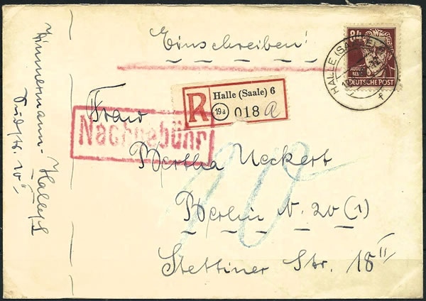 Lettre de la zone soviétique taxée au tarif local de Berlin-Ouest