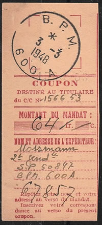 Talon de mandat avec cachet du BPM 600A