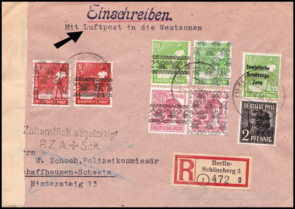 Tarif frontalier de Berlin vers la Suisse  par le pont aérien en aout1948