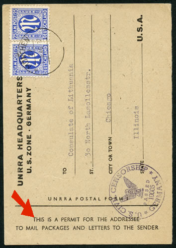 Carte UNRRA d'autorisation d'envoi de colis