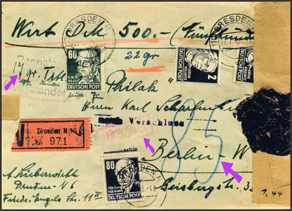 Lettre en VD de L'Est vers berlin-Ouest avec taxe réduite à l'arrivée