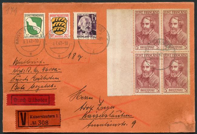 Lettre en valeur déclarée de la ZOF affranchie avec 4x 5M