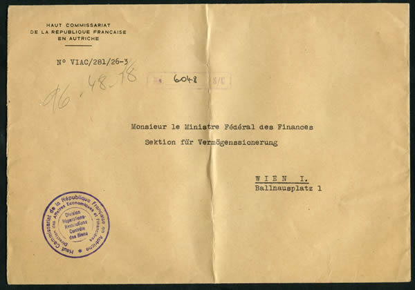 lettre de la Division des réparations en Autriche