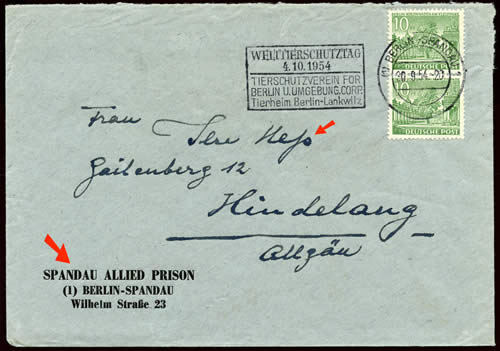 Lettre de la prison de Spandau pour Mme Rudolf Hess