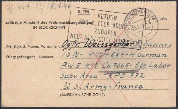 Griffe de retour d'un camp de prisonniers allemands géré par l'armée américaine