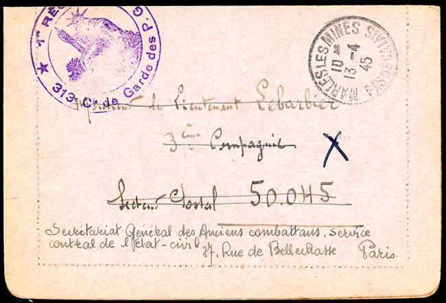 Carte-lettre d'un capitaine commandant une compagnie de garde des PGA