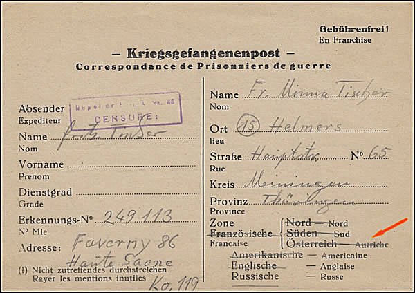 CP pour Prisonniers de guerre avec indication des zones d'occupation