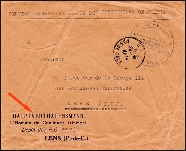 Lettre de l'homme de confiance du dépôt de Prisonniers de guerre de l'Axe à  Lens