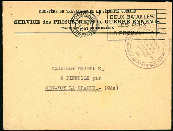 Ministère du Travail service des prisonniers de guerre ennemis de Bordeaux