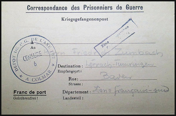 Formule lettre du camp de PGA de Colmar avec adresse imprimée