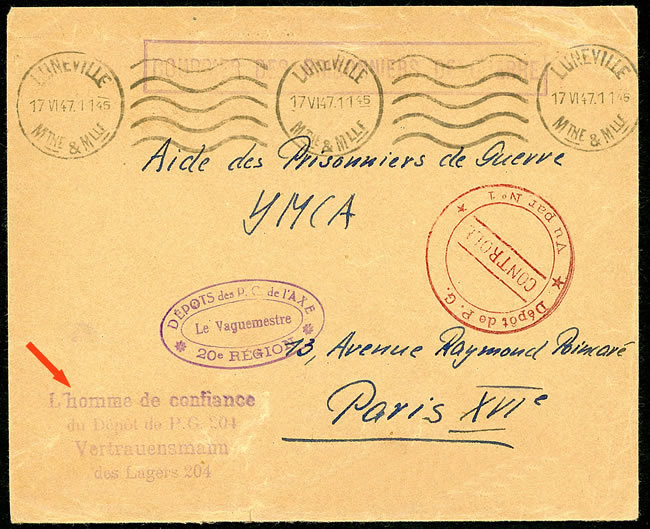 Lettre deu camp de Prisonniers de guerre de l'Axe de Lunéville avec griffe de l'omme de Cnfiance