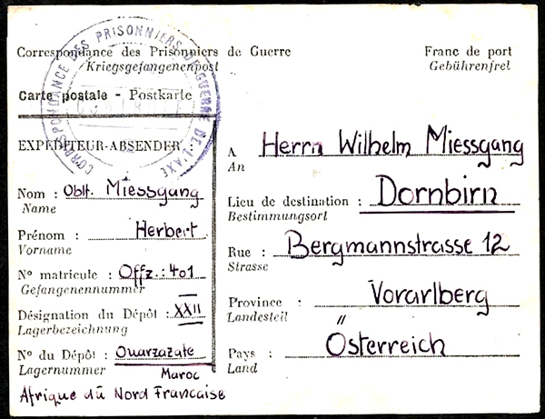 carte d'un prisonnier autrichien à Ouarzazate (Maroc) 